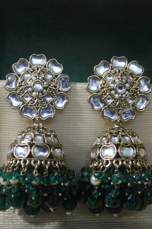 Dark Green Kundan Jhumkas